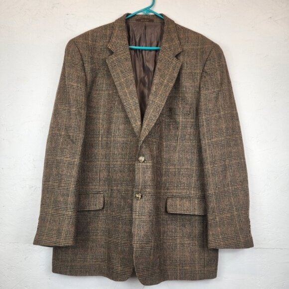 Tasso Elba Men’s Sport Coat Blazer Suit Jacket 100% Camel Hair Brown‎ Plaid 46L - Picture 1 of 11